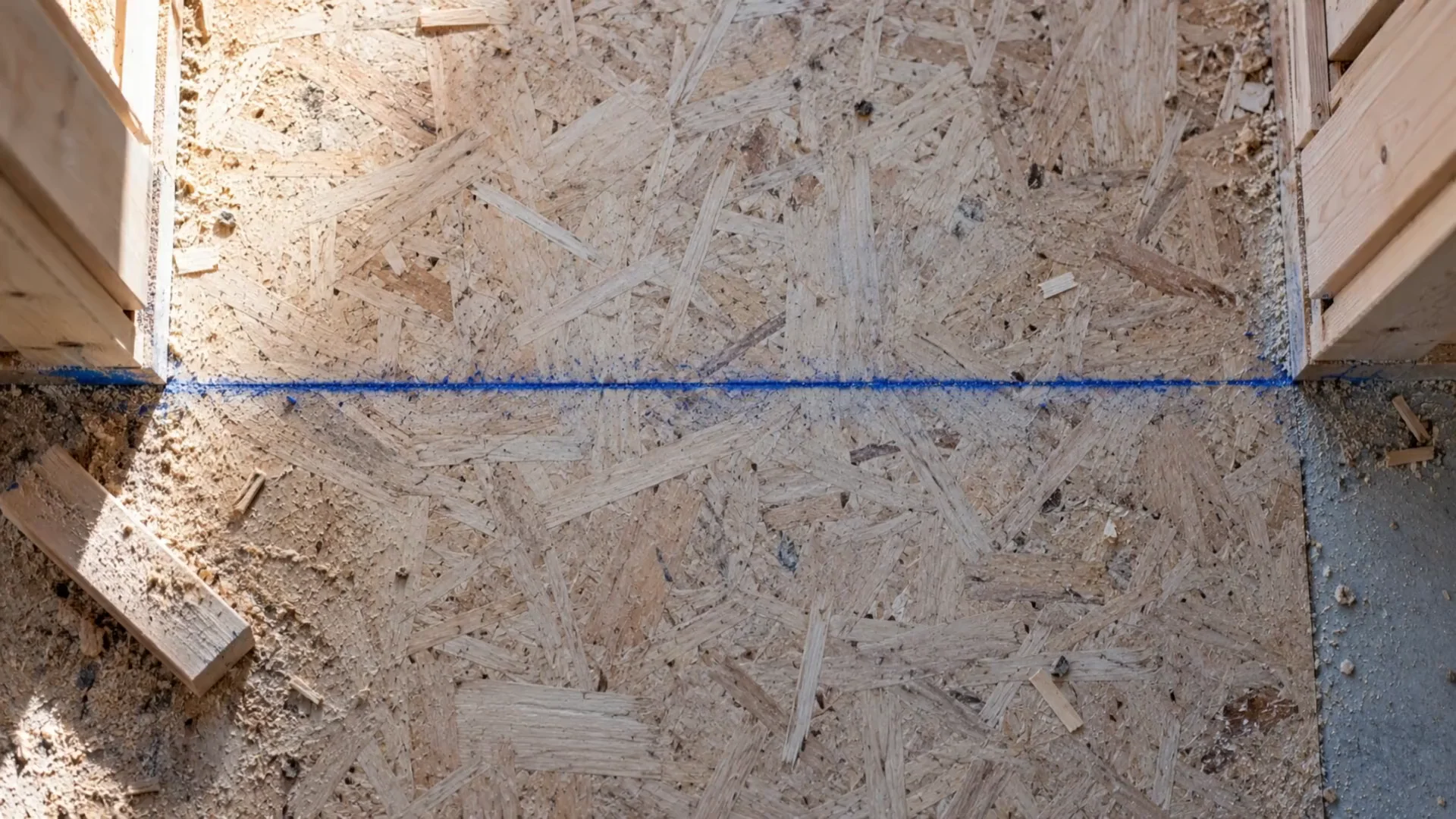 Illustrative overhead detail of a cobalt chalk line across OSB at a doorway rough-in